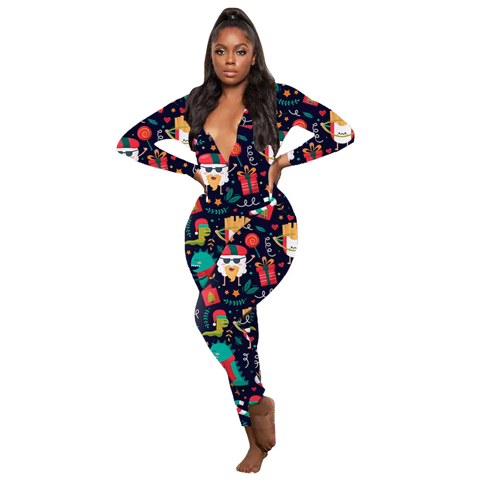 

Zabrina Women's Printed Zipper Slim Pants Home Jumpsuit Christmas Long Sleeve Overalls Jumpsuits Rompers Street Fashion Clothing