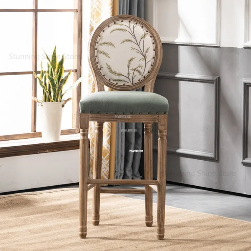 European Antique Bar Stools Home Bar Furniture Solid Wood Chairs American Retro Backrest High Chair Villa Chair for Kitchen