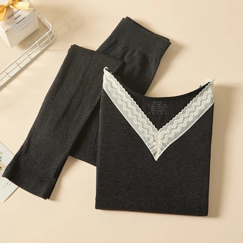 Thermal Underwear Set Sexy Lace Woman Winter Clothing Wool Cotton V-neck Seamless Thin Warm Tops Pants Leggings Thermo Underwear - 4