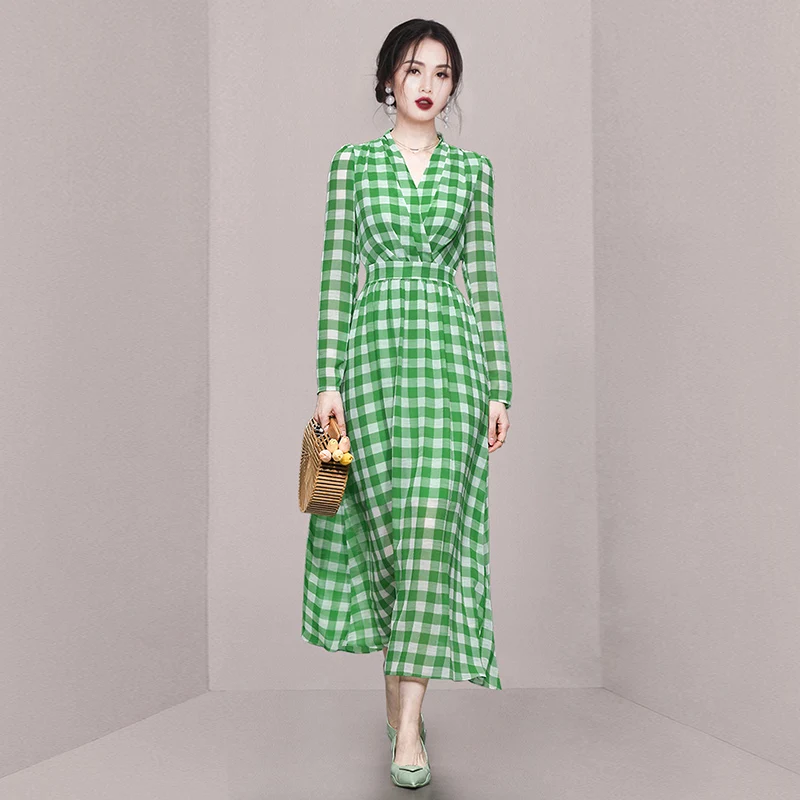 

2023 New Fashion Women Green Color Summer Plaid Chic Midi Long Dress Lady Office A Line Casual Street Trendy Robes Party Dresses
