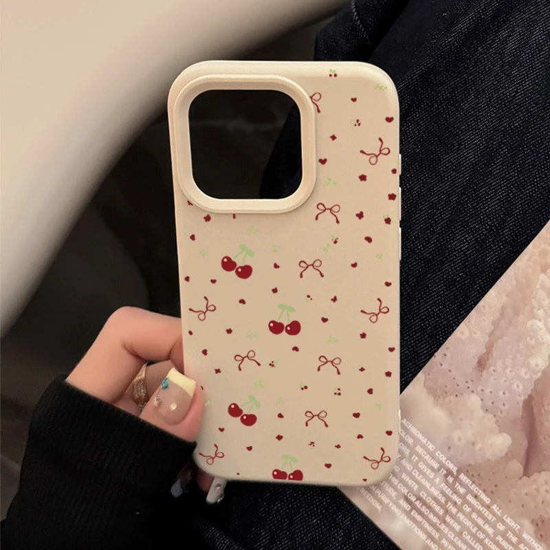 Cherry Silicone Shockproof Soft Leather Phone Case with Cute Heart and Bow Design