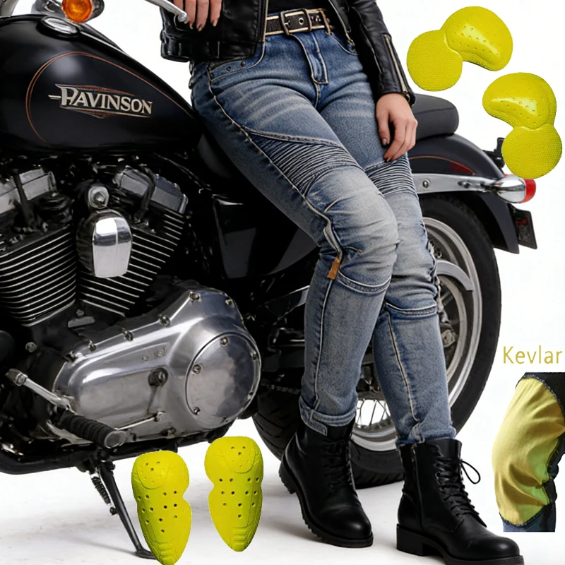 여성용 케블라 오토바이 청바지 방풍 내마모성 보호 바지 블루 오프로드 라이딩..