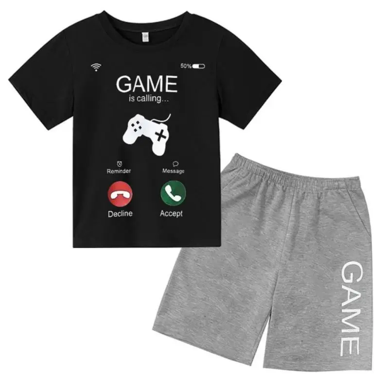 thumbnail image 1 of Conjunto de camiseta y pantalones cortos con estampado de máquina de juego de arte de grafiti para niños, moda de verano, informal, de manga corta, para niños y niñas, 1 of 5