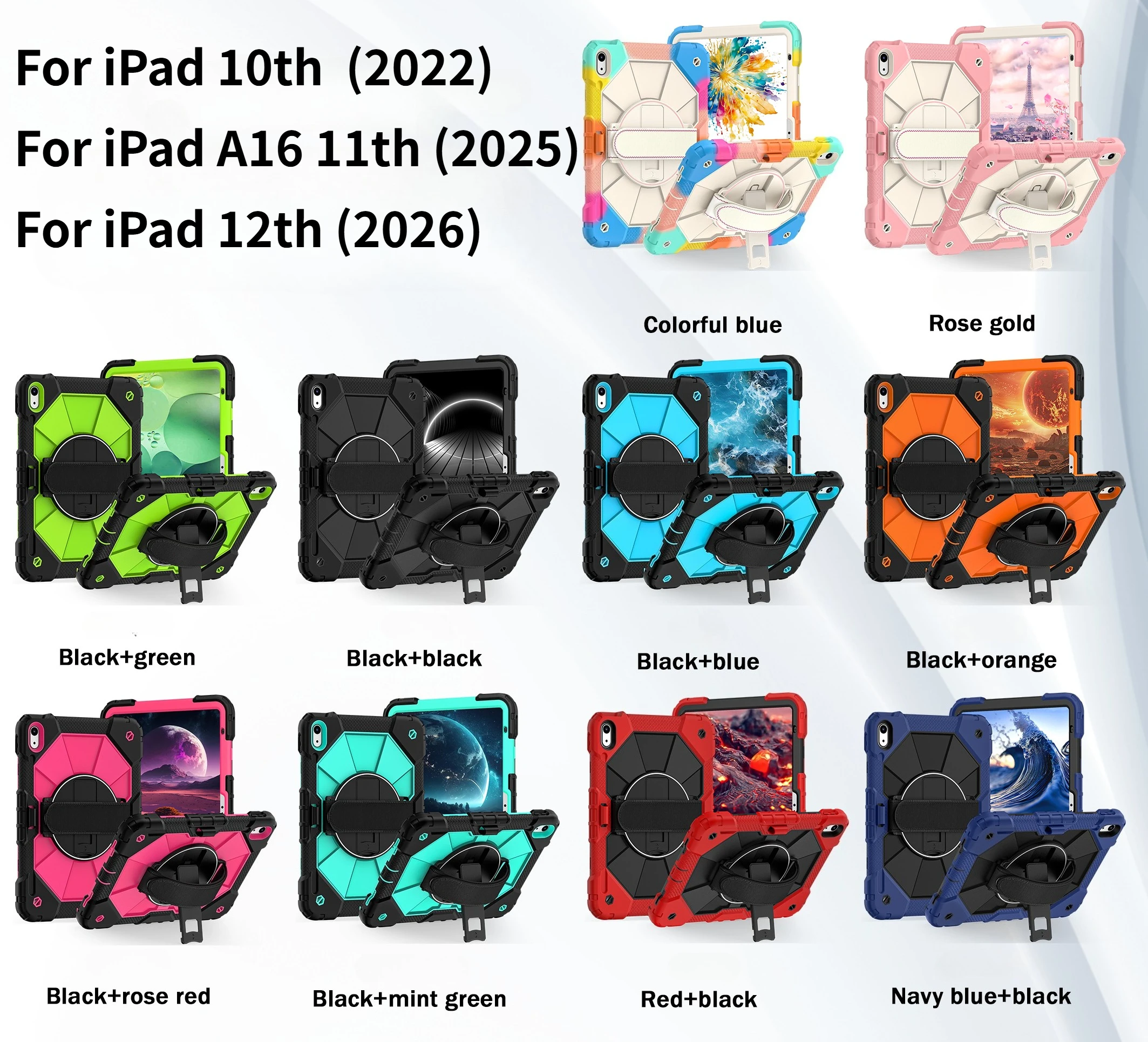 Kids Tablet Case with Hand Strap - 360° Rotatable Handle Stand, Shockproof Rugged Silicone Cover