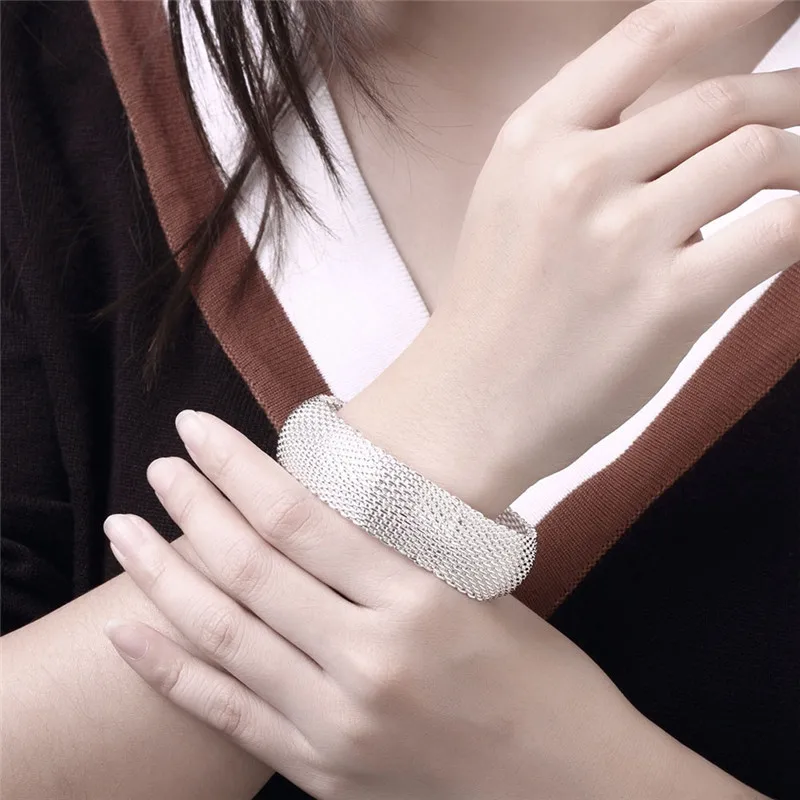 Fashion Silver Color Big Web Bangle Bracelet For Women 925 Stamp Wedding Engagement Trendy Jewelry Factory Price Wholesale 6