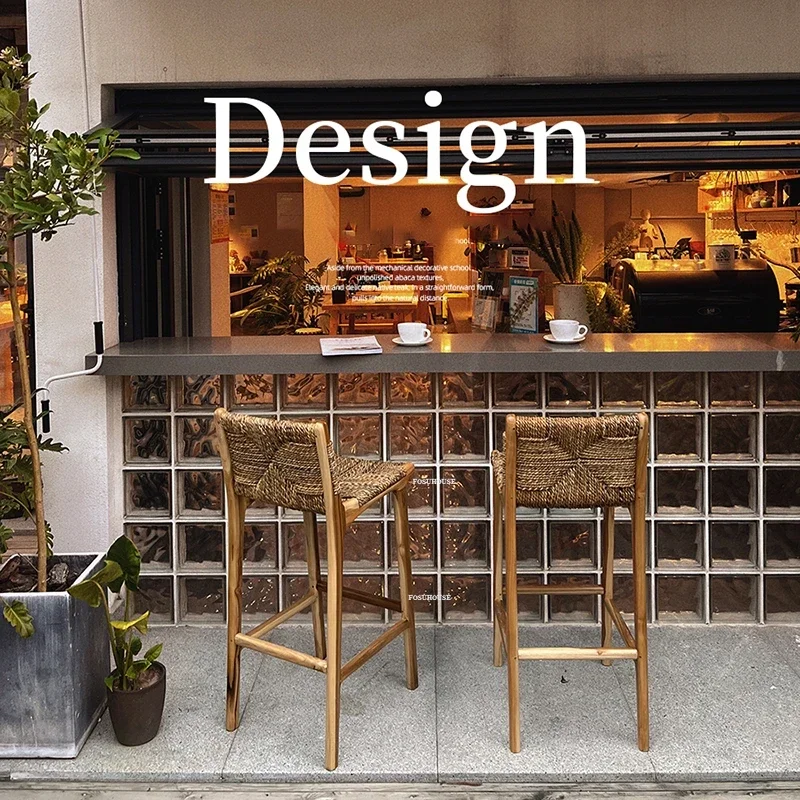 Home Rattan Solid Wood Bar Chairs Nordic Kitchen Island Dining Chair High Stool Designer Retro Back Stool European Bar Furniture