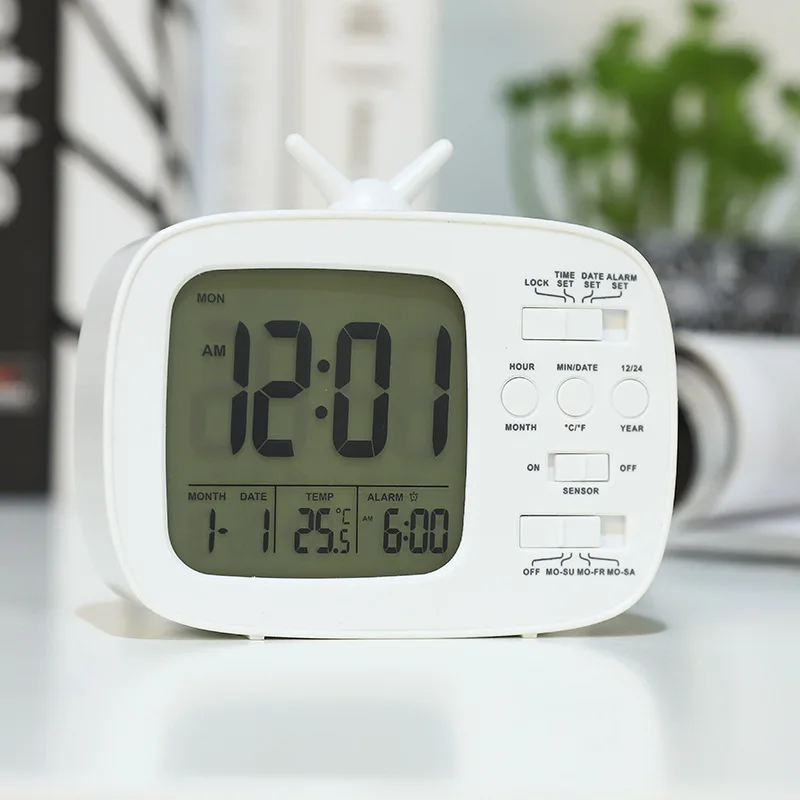 

Small Standing Alarm Clock Smart White Noiseless Weather Station Electronic Desk Clock For Children Bedside Table Decor Watch