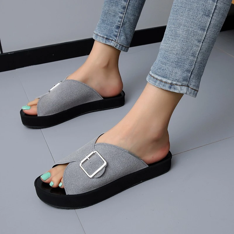

Women Slippers 2023 New Summer Fashion Metal Buckle Women Flats Sandals Casual Platform Ladies Slides Women Beach Shoes