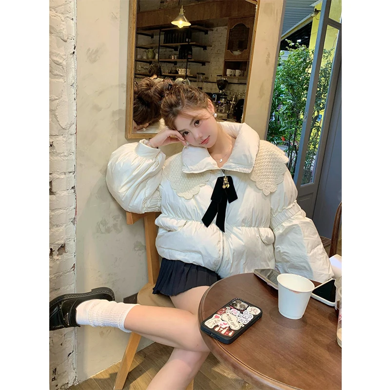 Korean Style Sweet Cute Doll Collar Long Sleeve Slim Fit Down Jackets Winter New Fashion Solid Color Ladies Thick Bow Down Coats