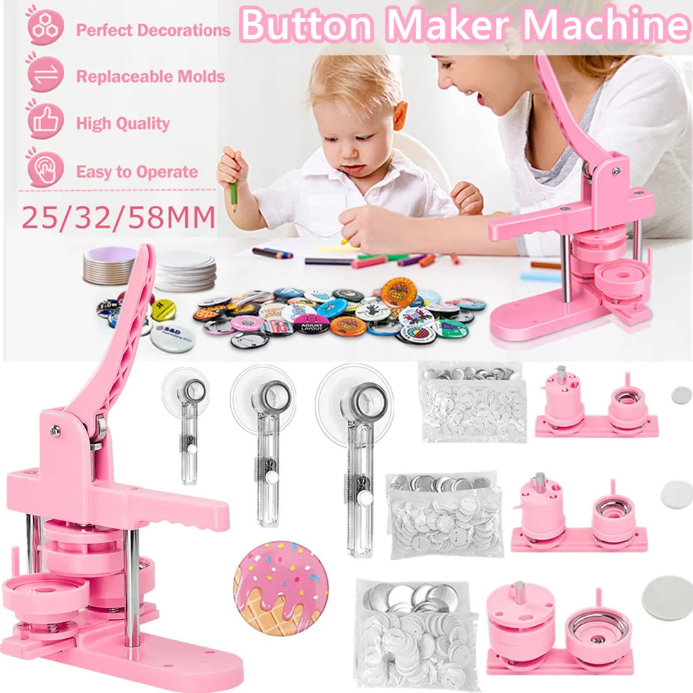 Pink Button Maker Machine Multiple-Size Badges Set 25/32/58MM 300 Pcs Button Parts + Circle Cutter + Mold Badge Press Maker Machine badge maker,button maker machine