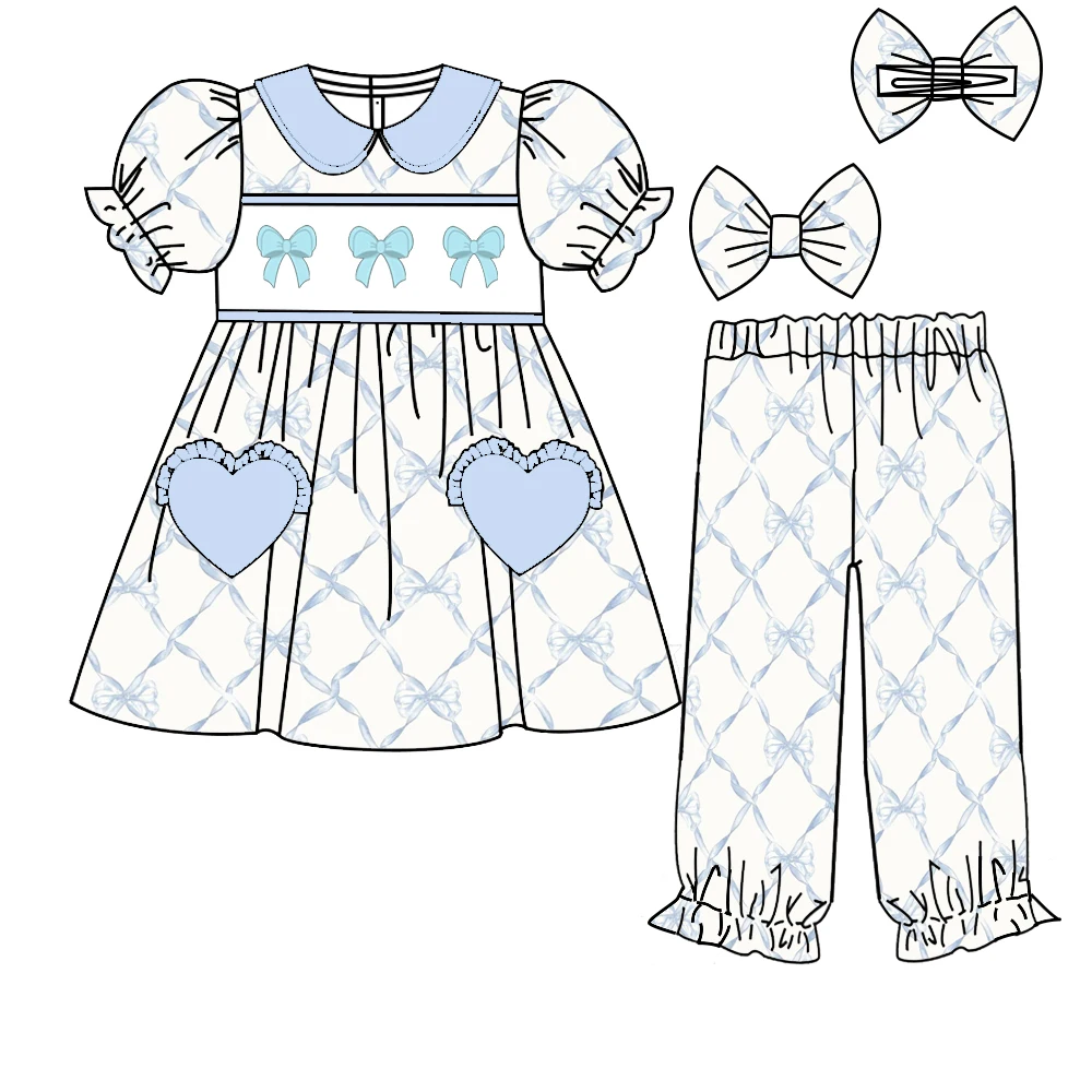 

New Valentine's Day Boutique kids Set Short Sleeve Elastic Bow Print Skirt Pants Elastic Girls Shorts Bow Boy Set Button Blanket