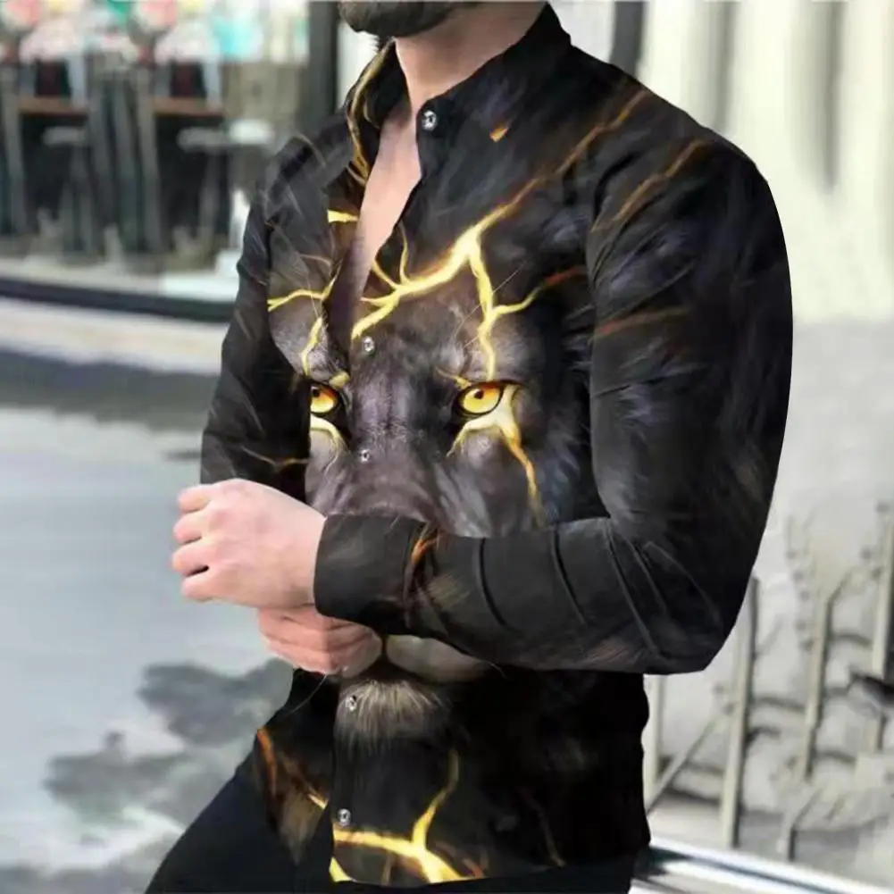 Мужская деловая рубашка с 3D-принтом животных, облегающая мягкая рубашка с воротником-стойкой и длинными рукавами, осень-весна мужская однотонная рубашка с длинными рукавами повседневная однобортная облегающая рубашка с воротником стойкой весна осень 2021