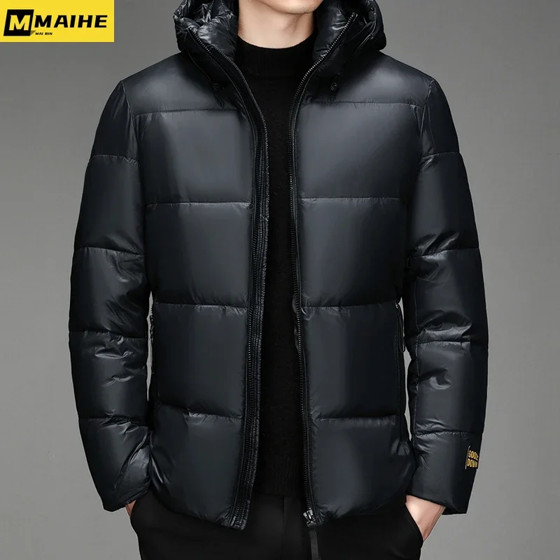Men's down jacket Short hooded black gold bright Winter jacket Street wear Men women Korean trend ski white goose down coat