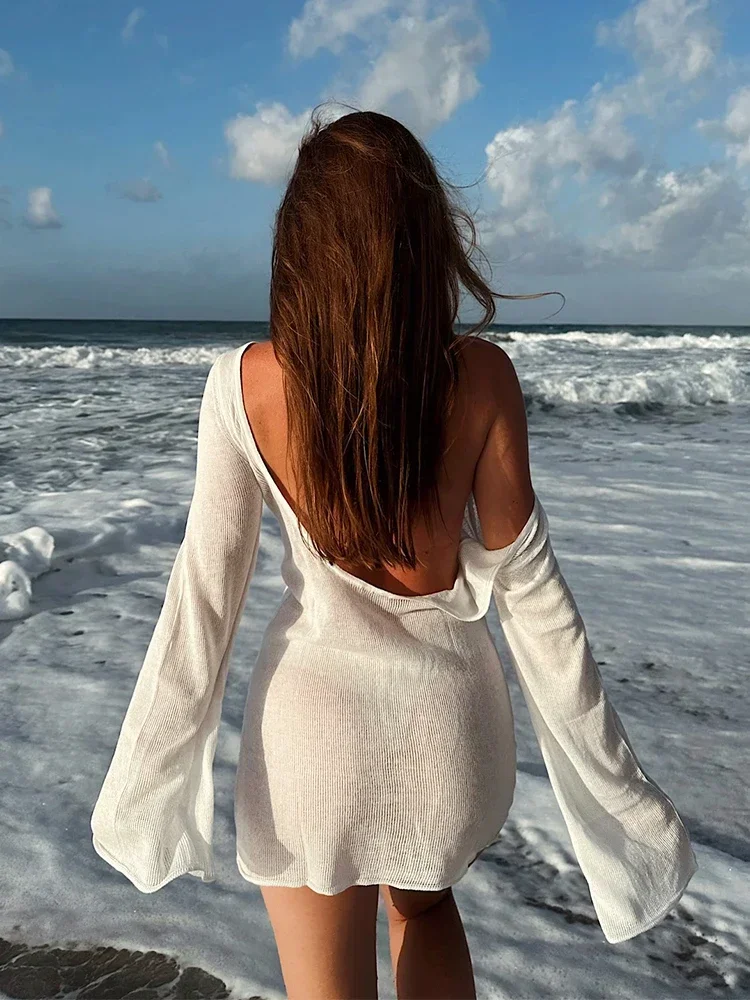 Sexy Backless Bell Sleeve Summer Seaside Women's Solid Knit Beach Mini Dress 2025 See-through Short Dress Swimwear Cover Up K98 2