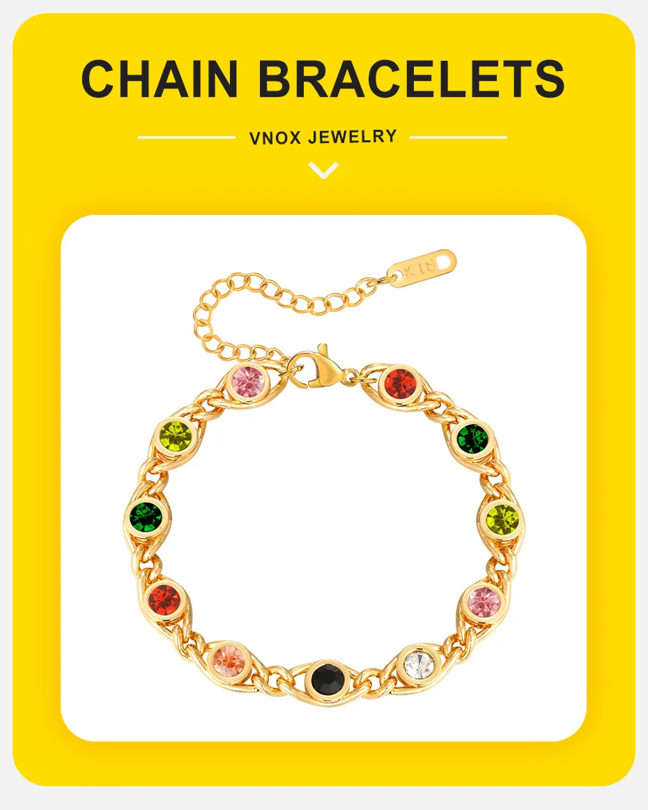 Vnox Bunte Bejeweled-Armbänder für Frauen, zierlicher natürlicher CZ-Stein, Edelstahl-Kettenarmbänder, luxuriöser Schmuck, Geschenk für Mama – Detail 2