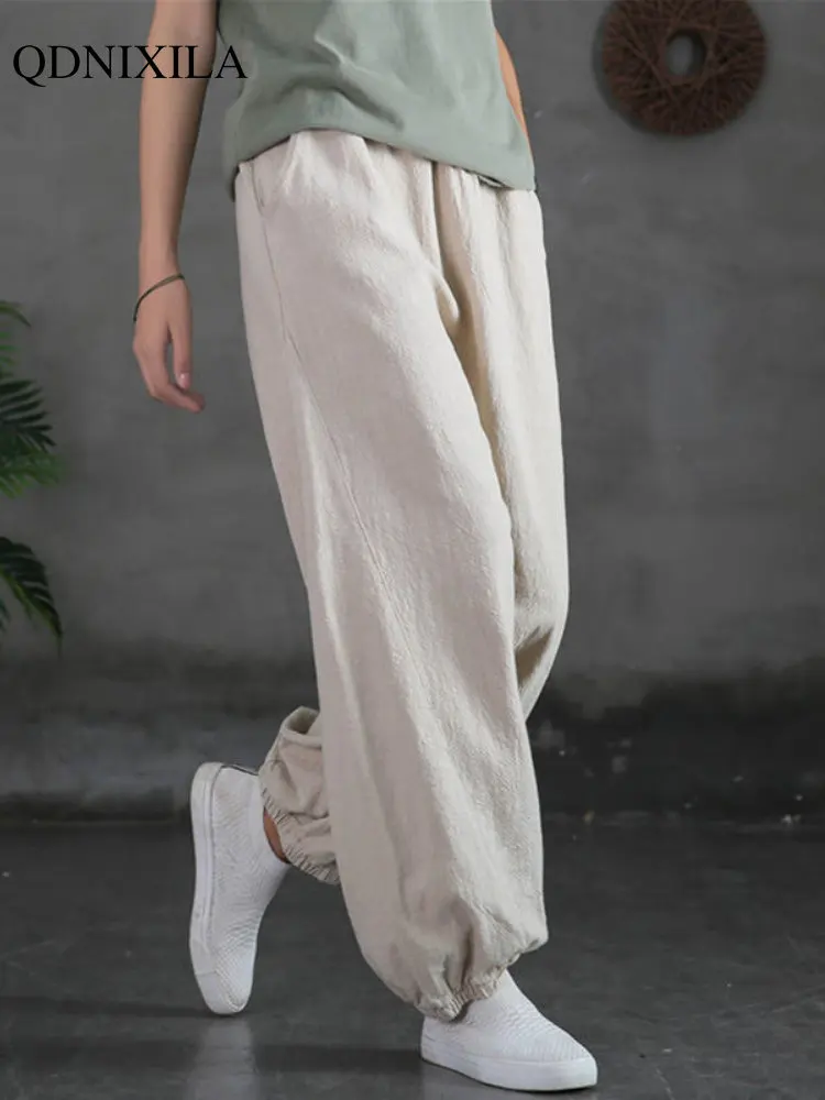 

Women's Pants Cotton Linen Vintage Lantern Pants 2023 Spring Summer New Elastic Waist Trousers Loose Solid Color Casual Pants