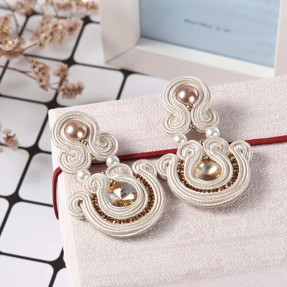 Ethnic Handmade Earrings Soutache Jewelry Pendant Earring for women brown white Crystal exaggerated Large Earring Trendy Gift 3