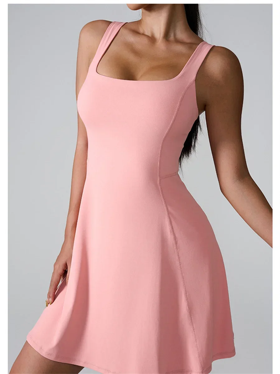 Women Tennis Dress One-Pieces Slim Fit Soft Sports Pocket Skort Yoga Suit Outdoor Sleeveless Fitness Running Pad Fitness Dresses