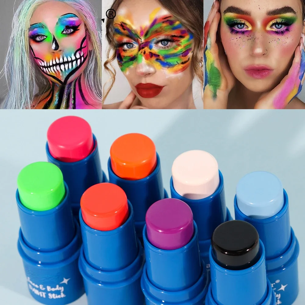 Halloween Face Body Painting Stick Cream Waterproof UV Light Neon Green Purple Pink Black White Paint Cream Party Art Makeup 3