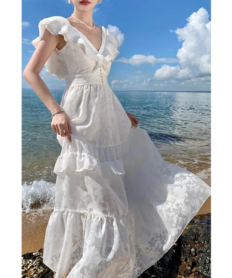

Elegant Women Dresses Holiday Summer Sleeveless V-neck Dress Bodycon Ruffles Runway Design Evening Party Women's Clothing