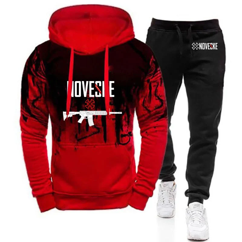 Mens Funny Gun Print Hoodies Leisure Sports Pants Suits