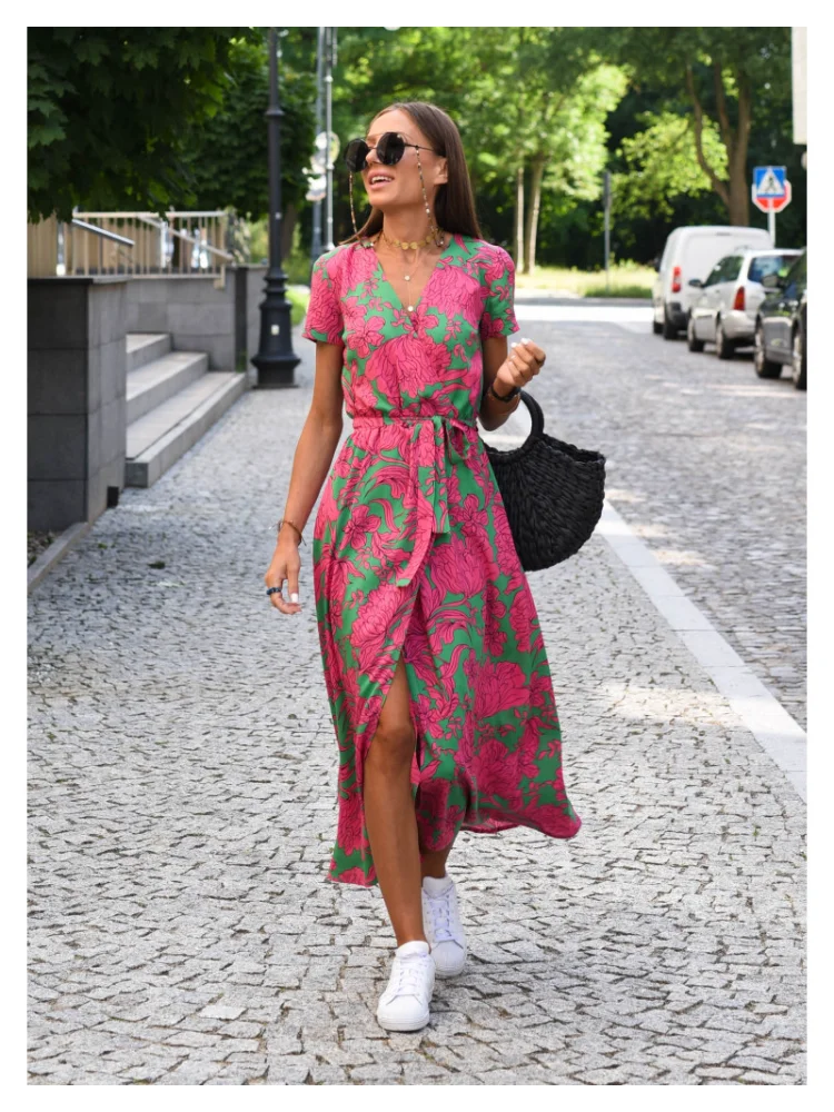 

Women Summer Print Floral Maxi Long Dress Elegant Casual Fashion Office Lady Short Sleeve Split Lace Up V Neck Dress 2023 New