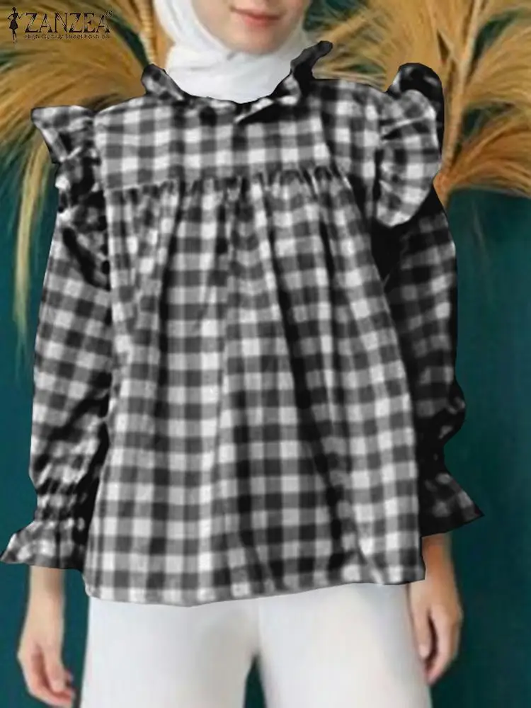 

ZANZEA Fashion Women Long Sleeve Plaid Checked Tops Spring Mulsim Dubai Turkey Ruffles Hem Blouse Vintage Abaya Hijab Shirt 2024