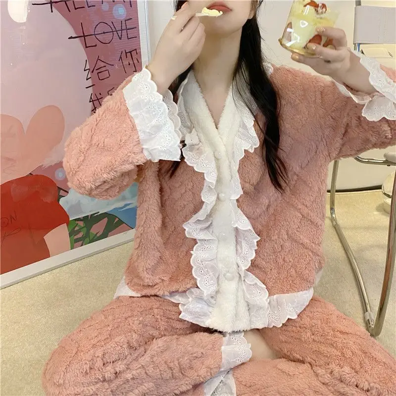 Lace Women Pajamas Set Winter Sleepwear Fleece Velvet 2 Piece Pant Home Suit Sleep Fluffy Korean Solid Piiama Warm Night Wear