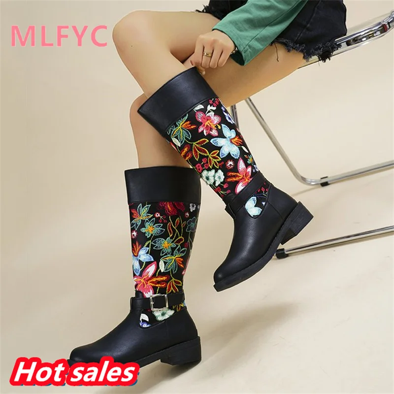 Large size patchwork vintage boots European and American winter new round head belt buckle embroidered flower mid length boots