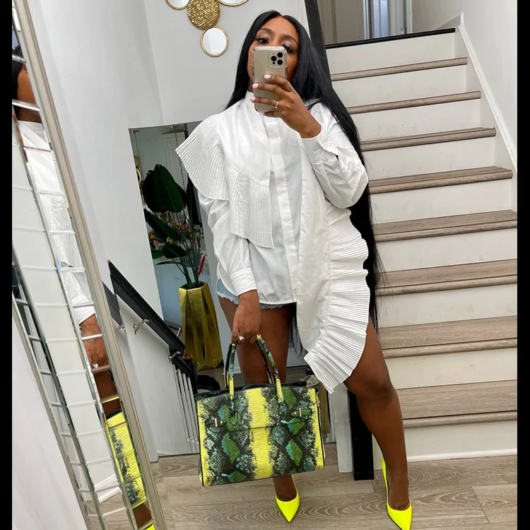 

Women's Fashionable Long-sleeved Pleated Striped Mock Neck Cardigan Irregular Shirt Online trend temperament women's clothing