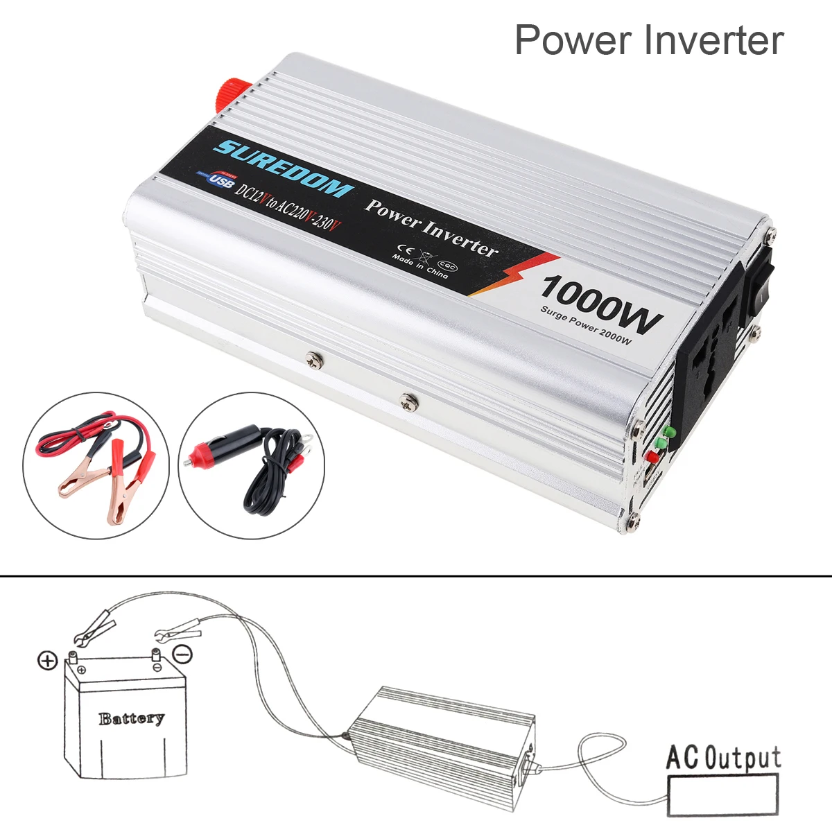 

1000W DC 12V 24V to AC 220V 110V USB Portable Power Inverter Adapter Charger Universal Voltage Converter Surge Power 2000W