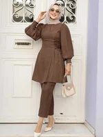 Ensemble 2 pièces pour femmes musulmanes, manches longues, à lacets, Y et pantalon, Turquie Abaya, tenues islamiques solides, caftan arabe, survêtement 6