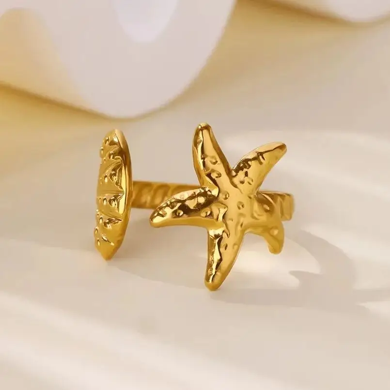 Starfish Shell Ring Stainless Steel Adjustable Gold Color Beach Summer