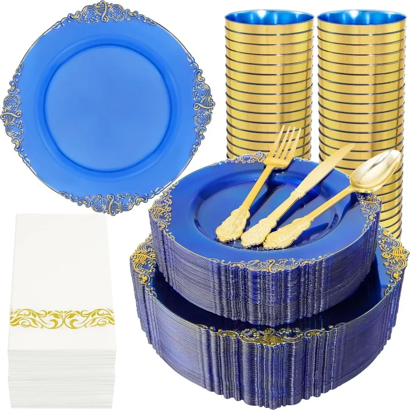 350PCS Blue Plastic Plates - Blue Plastic Dinnerware Sets for 50 Guests - 100 Blue Disposable Party Plates