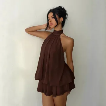Women's Halter Neck Dress, Backless Tie-Front Chiffon Sheer Mini Skirt, Fashionable Sexy Y2K Vintage Cute Party Birthday Dress 1