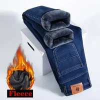Straight Elastic Fleece Jeans Men's Clothing 2023 Winter New Thick Warm Smart Casual Slim Fashion Male Retro Denim Trousers 2