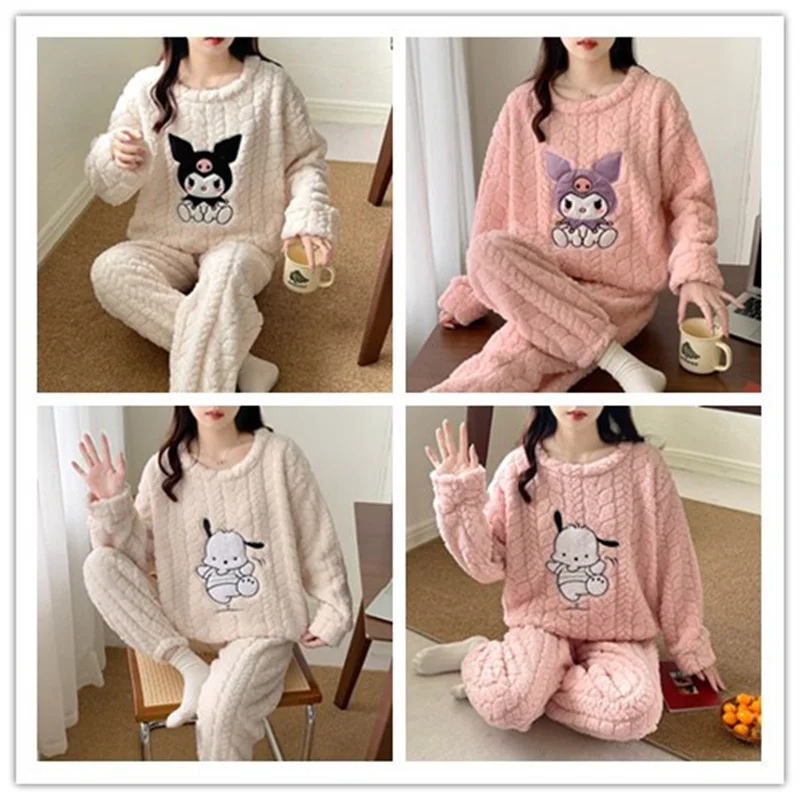 

Пижама Sanrio Kuromi Pocha из аниме с круглым вырезом, фланелевая зимняя свободная утепленная Пижама для девушек, утепленный спортивный костюм из кораллового флиса, подарок