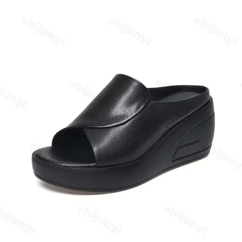 New Women Sandals Women Slippers Black Wedge Platform Open Toe Orthopedics Thick Bottom Beach High Heels Slides