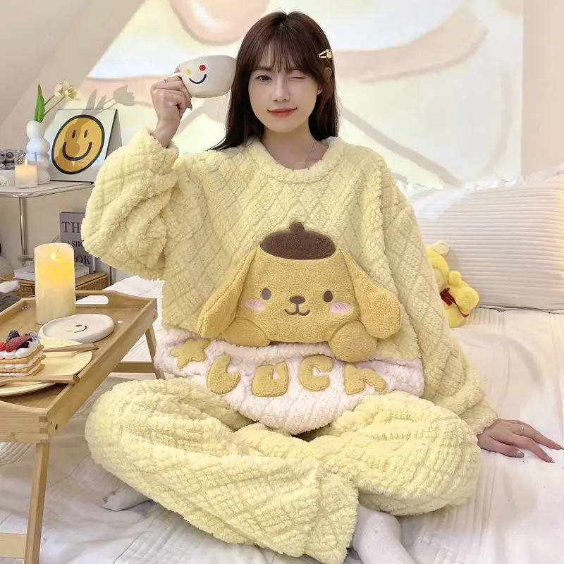 Women Pajamas Winter New Female Coral Velvet Thickened Fleece Lined Cute Cartoon Homewear Suit Round Neck Warm Nightclothes 2024