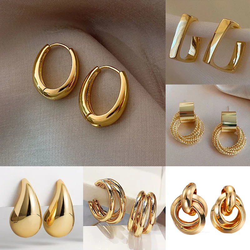 Boucles D'oreilles Créoles Vintage Années 70 En Métal Doré - Occasion, Pendantes Larges, Fermoir Brisure