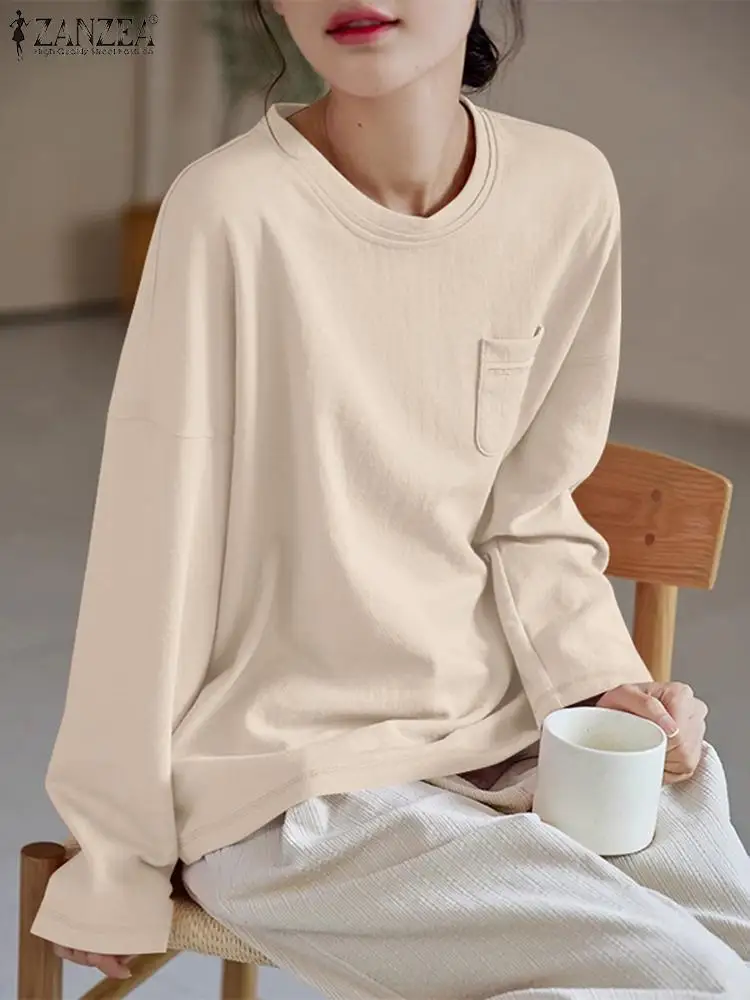 

ZANZEA 2023 Winter Clothes Sweatshirt Women Dropped Shoulder Solid Hoodies Fashion O-neck Long Sleeve Pullover Korean Pocket Top