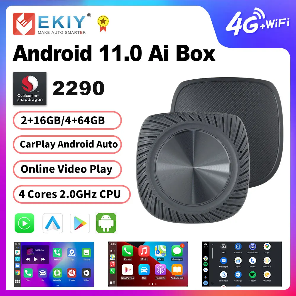 

EKIY беспроводной CarPlay Ai Box QCM2290 4 Гб 64 ГБ Android беспроводной Android автоматический Carplay потоковая коробка Built-in GPS Разделенный экран