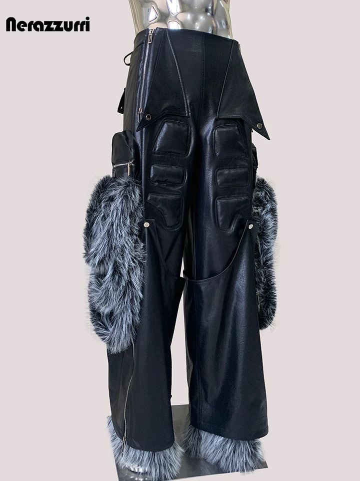 Nerazzurri Autumn Cool Baggy Faux Fur Patchwork Pu Leather Wide