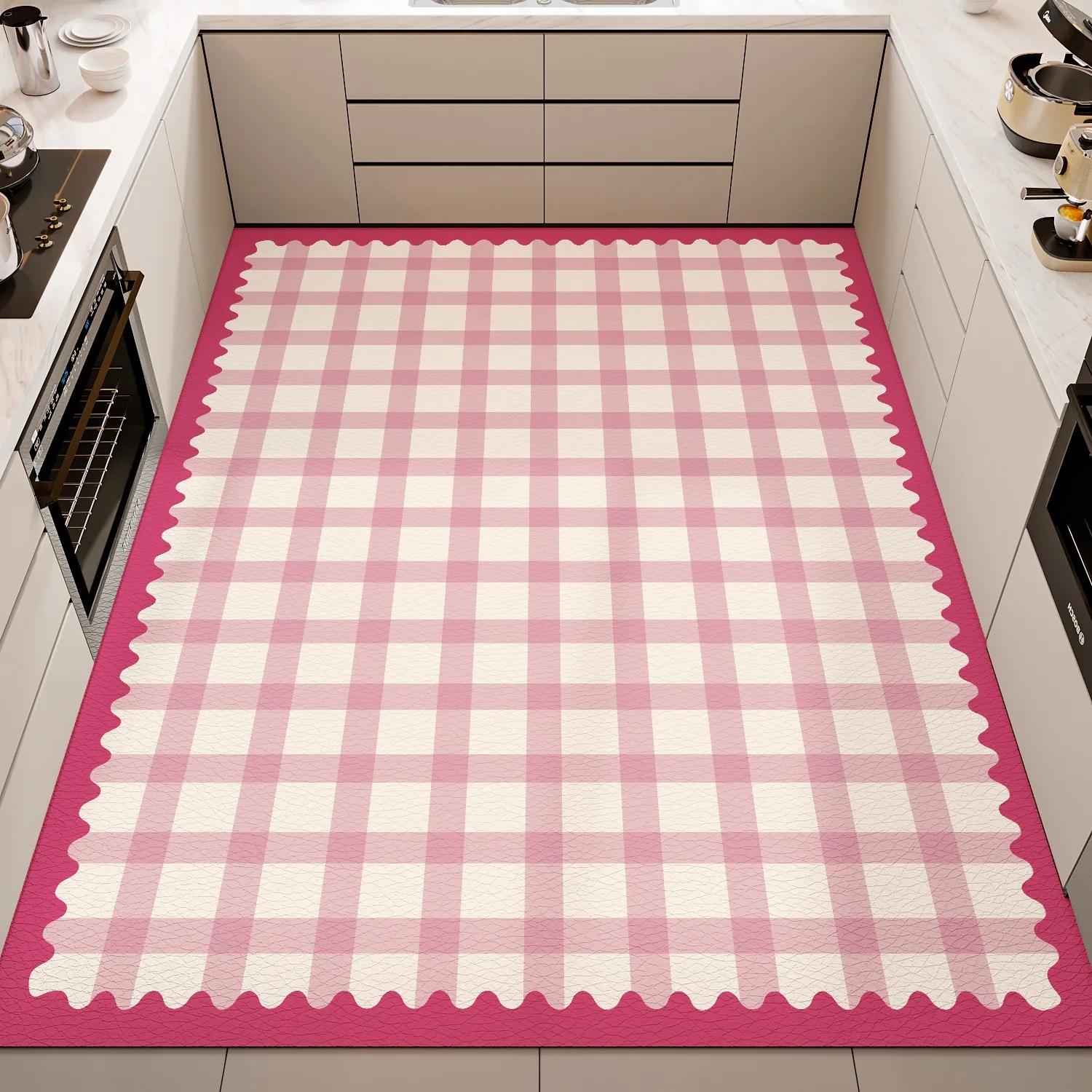Floor Mat for Kitchen Anti-slip Oil-proof Wipeable Carpet Leather Waterproof PVC Rug Grid Lines Large Size Foot Mats Alfombra 3