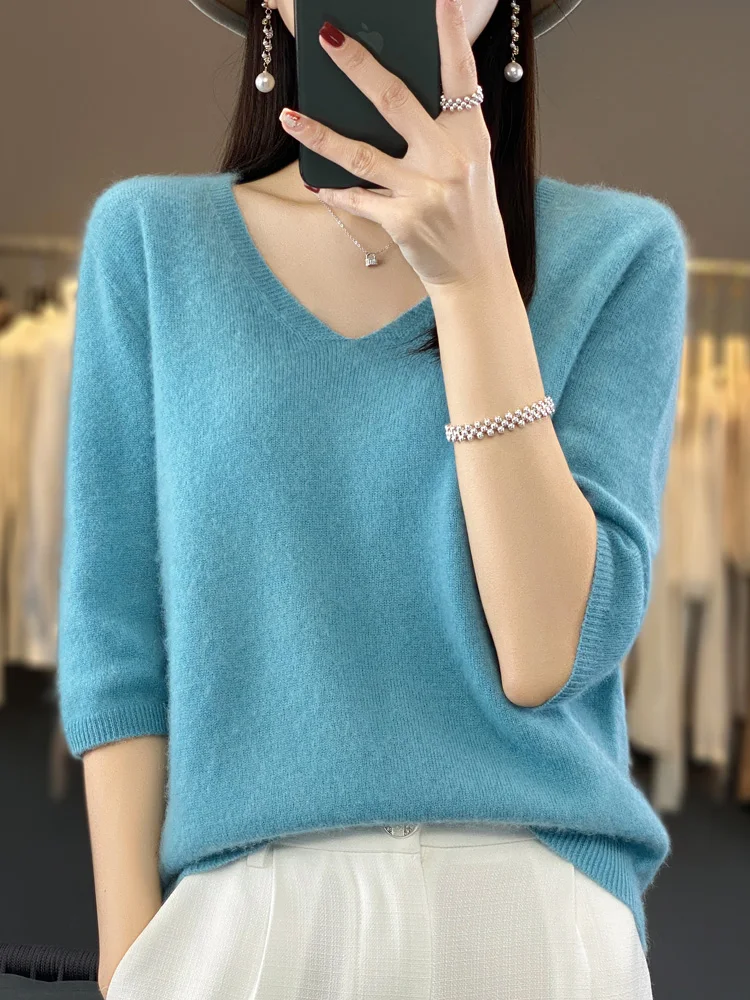 Aliselect Short Sleeve Women Knitted Sweaters 100% Pure Merino Wool Cashmere Spring Fashion V-Neck Top Pullover Clothing