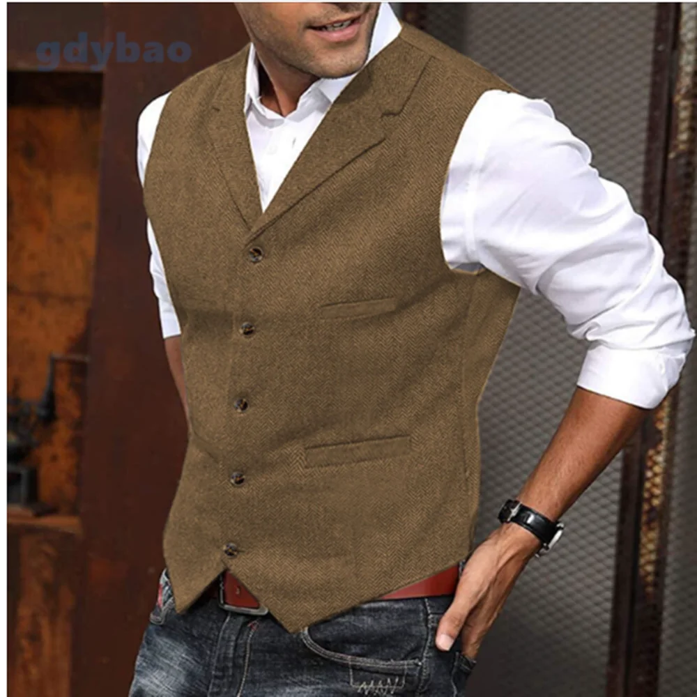 Men's Casual Classic Suit Vest V Neck Herringbone Tweed Slim Fit Business Waistcoat For Wedding 6