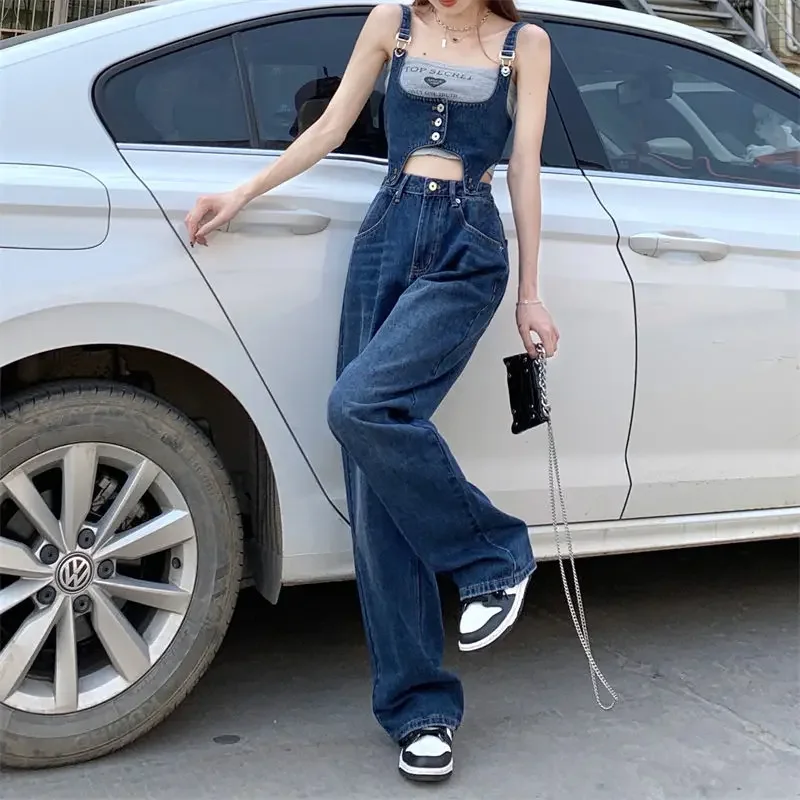 

Korean fashion loose denim suspenders women's jeans 2022 summer adjustable split one-piece jeans high waist straight pants
