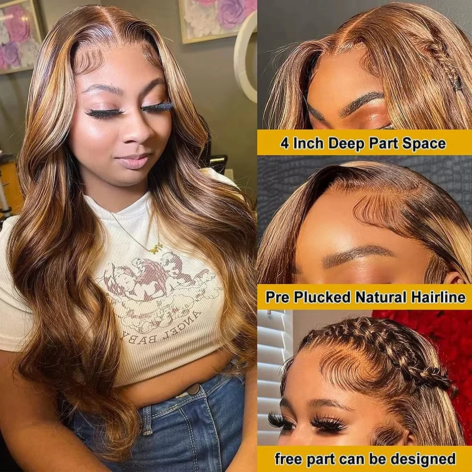 Body Wave 13x4 Hd Transparent Lace Front Wig Colored Highlight Human Hair Wigs For Women Brazilian 4/27 Blonde Pre Plucked Wigs 4