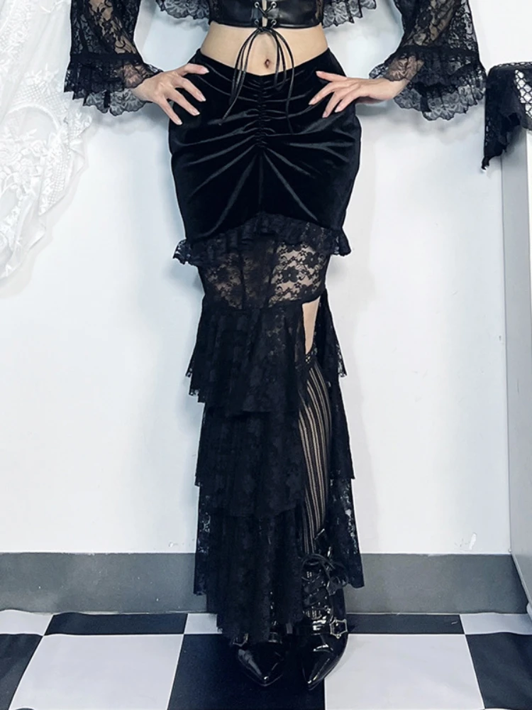 

2024 New Retro Gothic Sexy Fishtail Multi-layer Splicing Split Skirt Woman Velvet High Waist Lace Patchwork Punk Mermaid Skirts