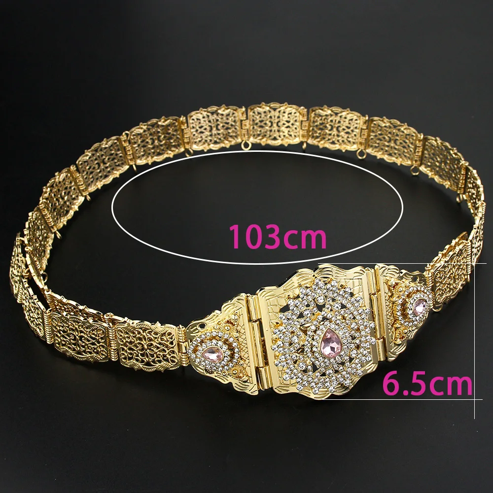 Sunspicems-Cinturón de caftán marroquí elegante para mujer, cadena de cintura árabe de Color dorado, cinturón de cristal para novia, joyería de boda, cadena corporal